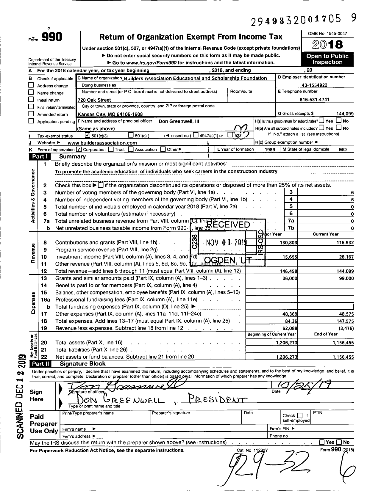 Image of first page of 2018 Form 990 for Builders Association Educational and Scholarship Foundation