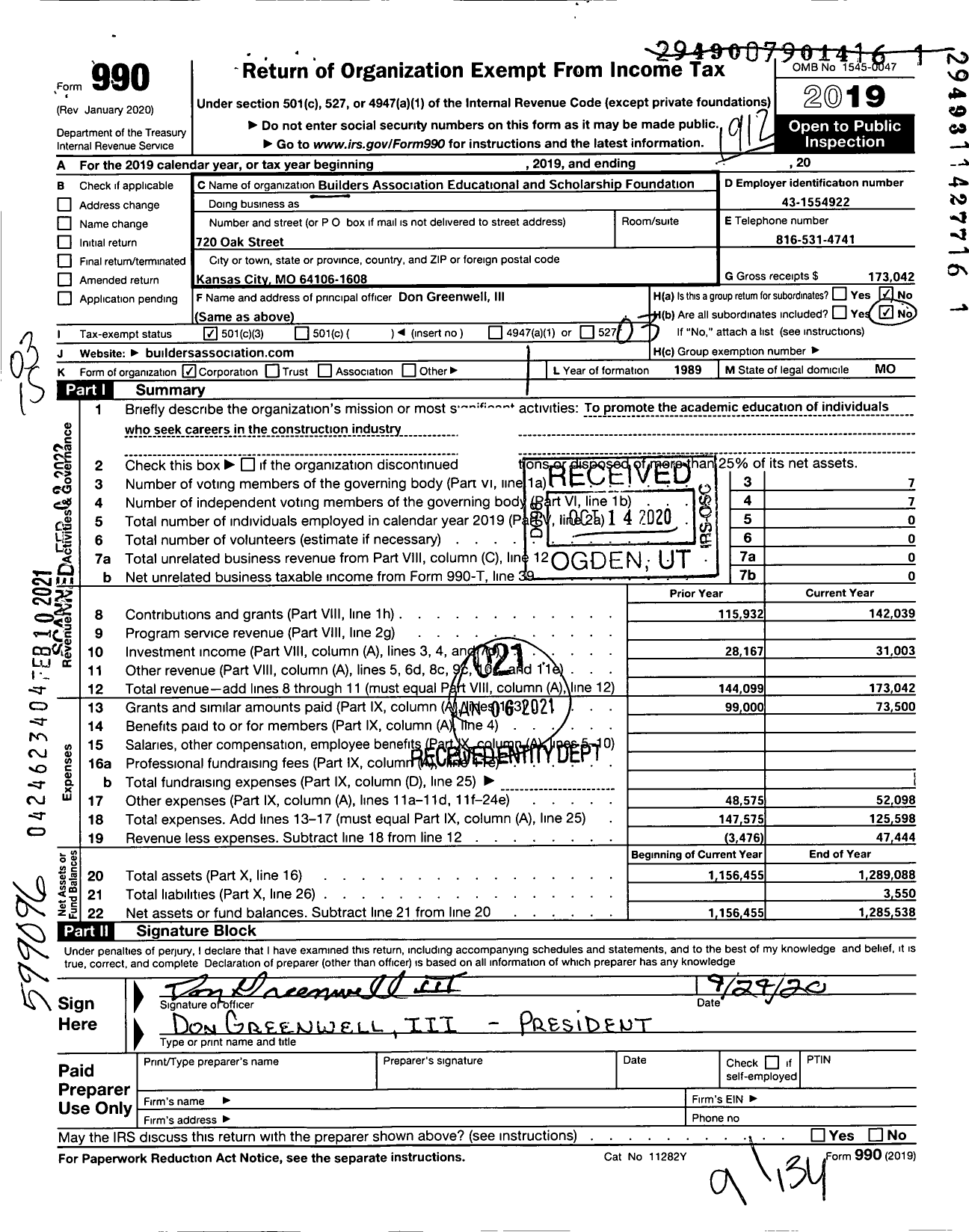 Image of first page of 2019 Form 990 for Builders Association Educational and Scholarship Foundation