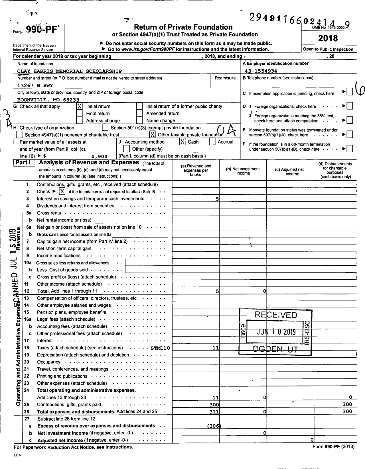 Image of first page of 2018 Form 990PF for Clay Harris Memorial Scholarship