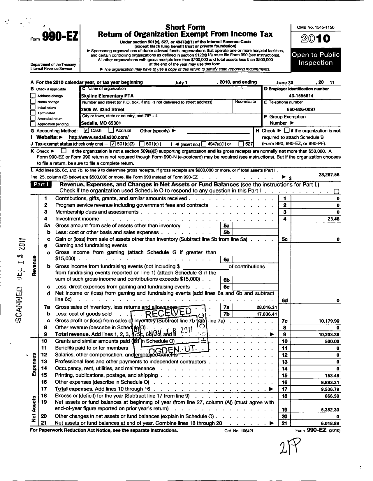 Image of first page of 2010 Form 990EZ for Missouri Congress of Parents and Teachers / Skyline PTA