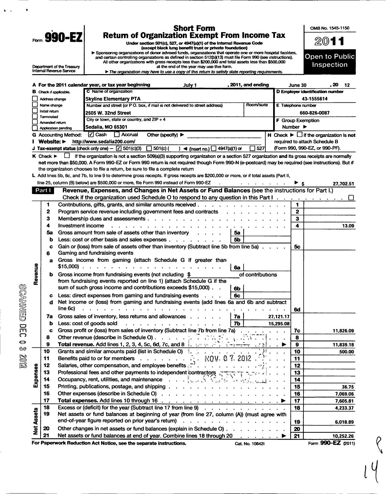 Image of first page of 2011 Form 990EZ for Missouri Congress of Parents and Teachers / Skyline PTA