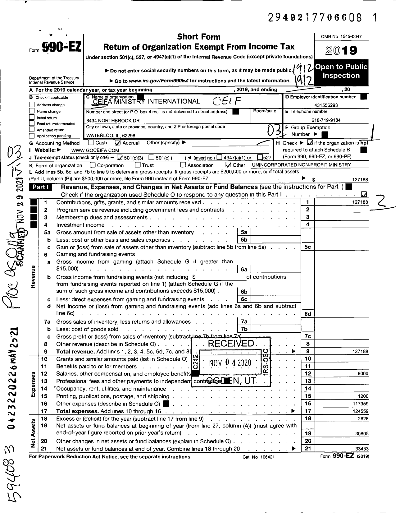 Image of first page of 2019 Form 990EZ for Ciefa Ministry International