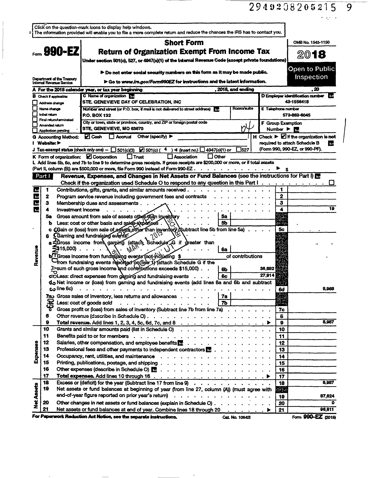 Image of first page of 2018 Form 990EO for Ste Genevieve Day of Celebration