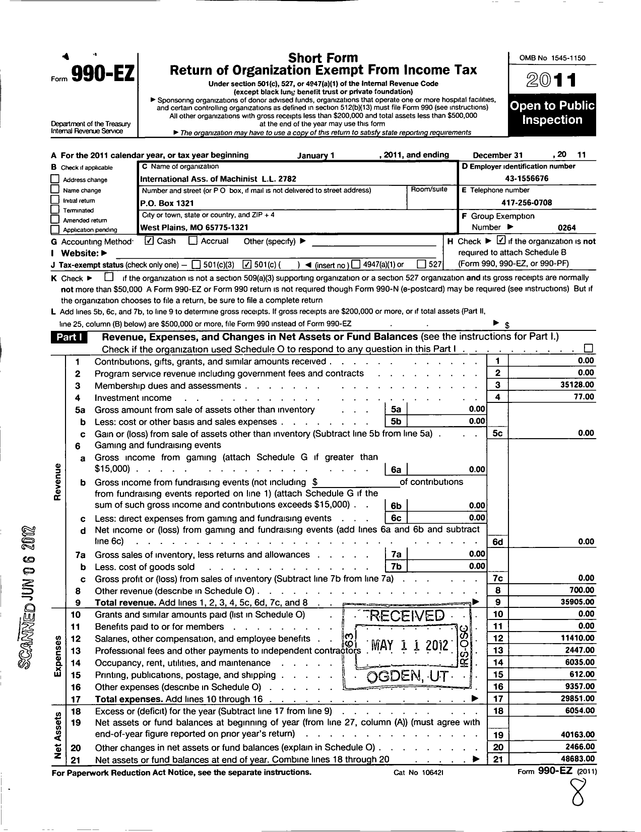 Image of first page of 2011 Form 990EO for International Association of Machinists and Aerospace Workers - 2782