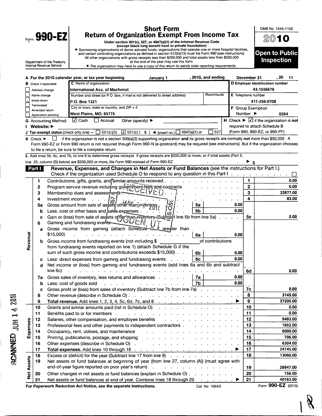 Image of first page of 2011 Form 990EO for International Association of Machinists and Aerospace Workers - 2782