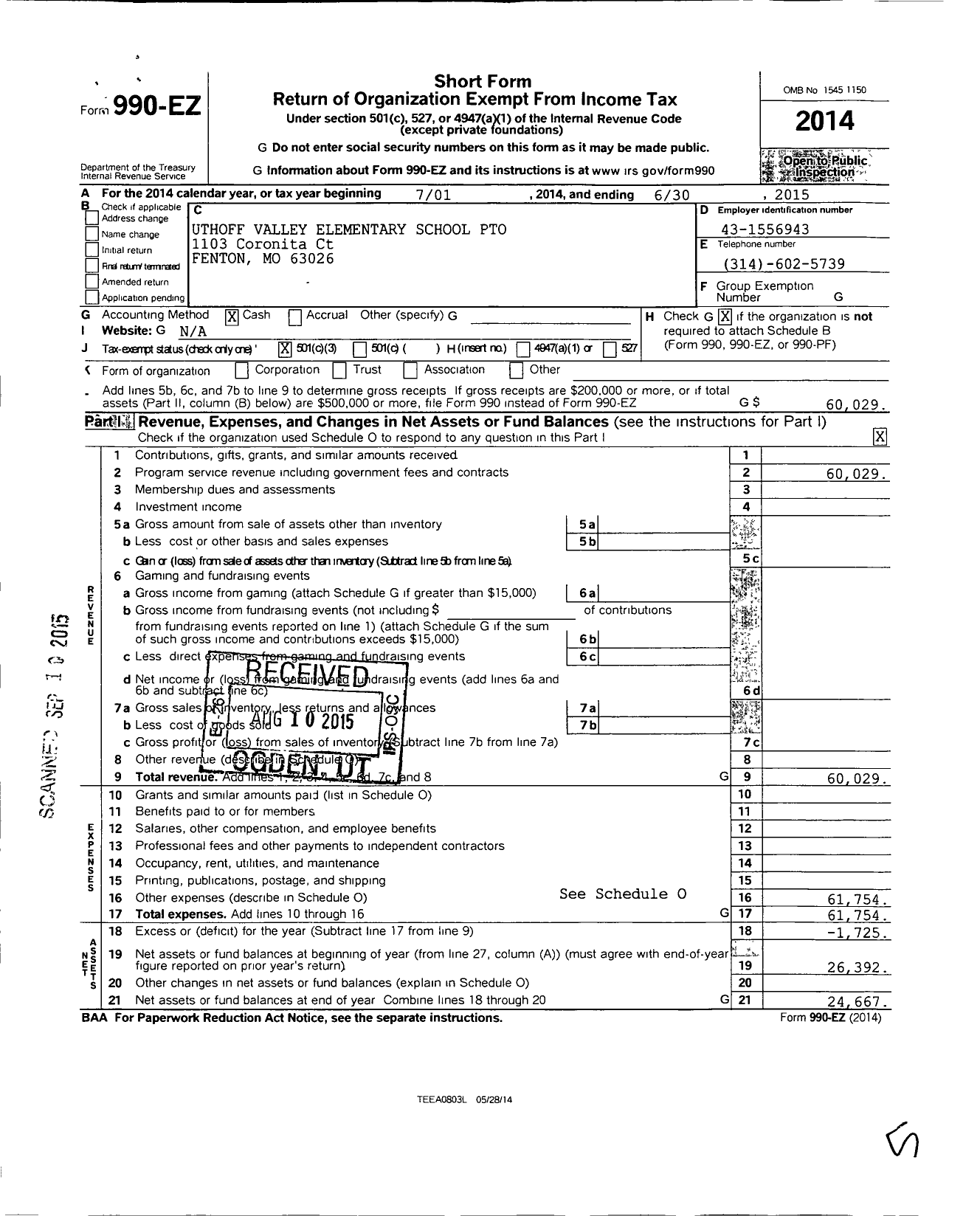 Image of first page of 2014 Form 990EZ for Rockwood Parent Teacher Organization Council / Uthoff Valley Elementary School Pto