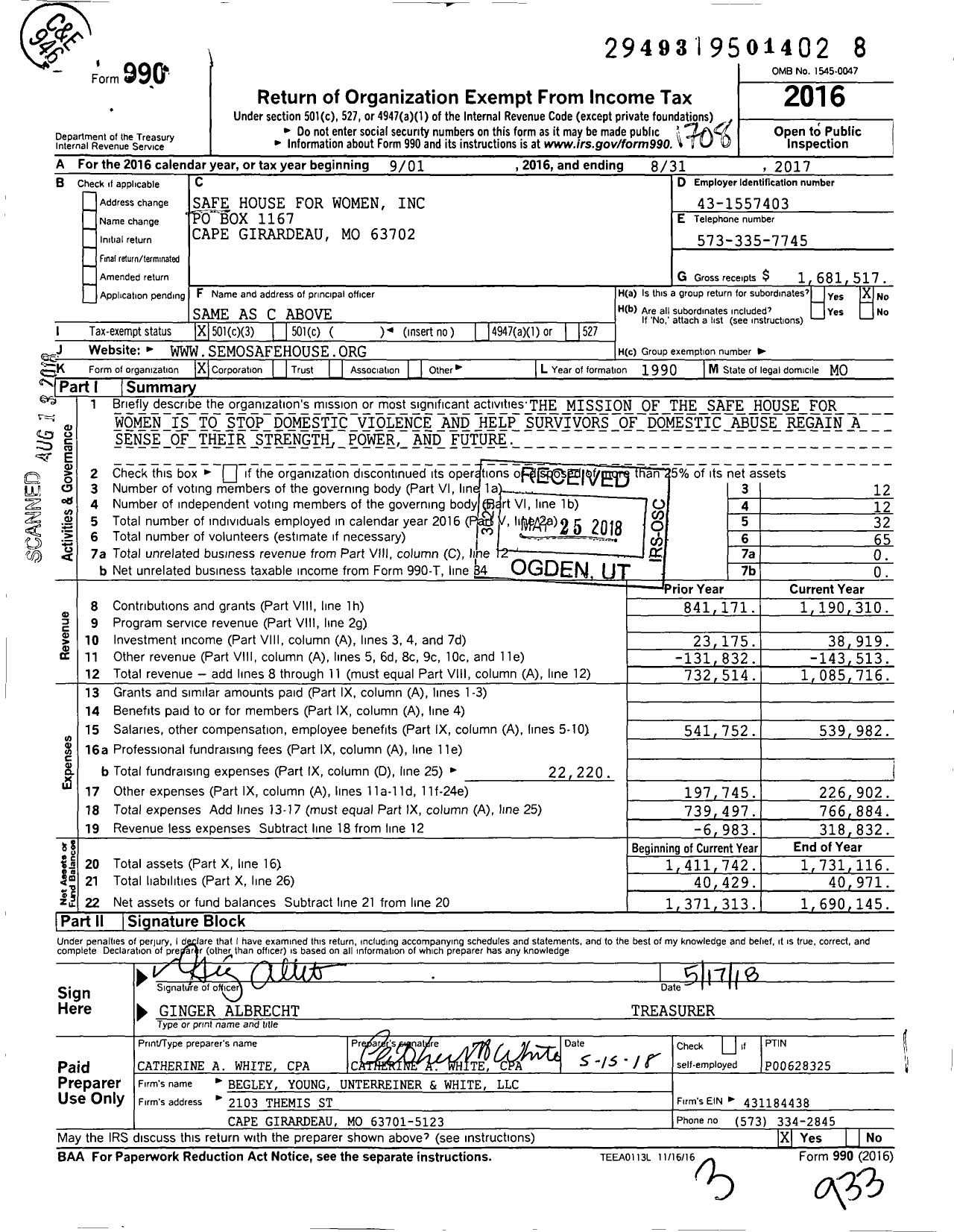 Image of first page of 2016 Form 990 for Safe House for Women