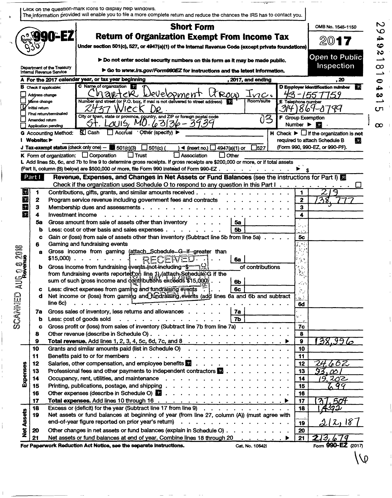 Image of first page of 2017 Form 990EZ for Charter Development Group