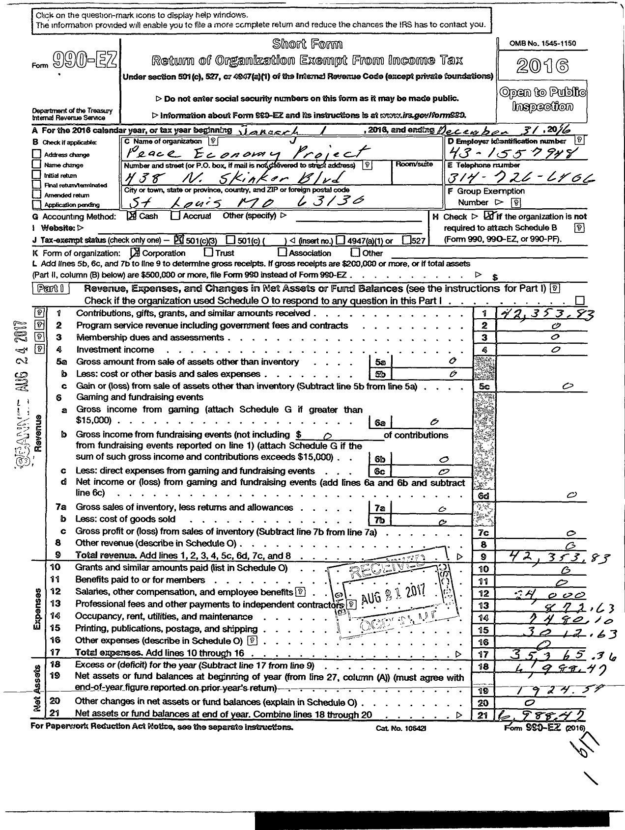 Image of first page of 2016 Form 990EZ for Peace Economy Project