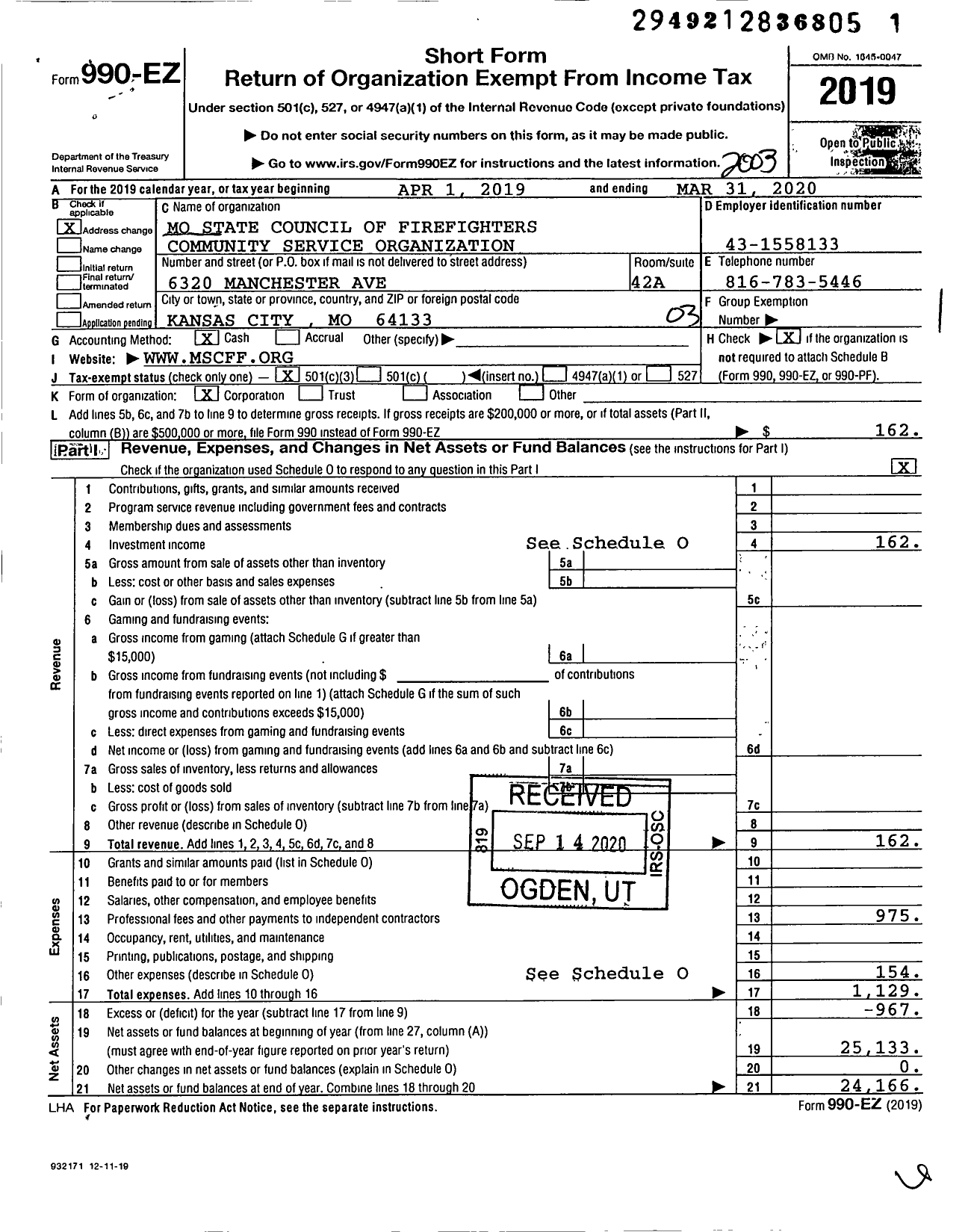 Image of first page of 2019 Form 990EZ for MSCFF Community Service Organization