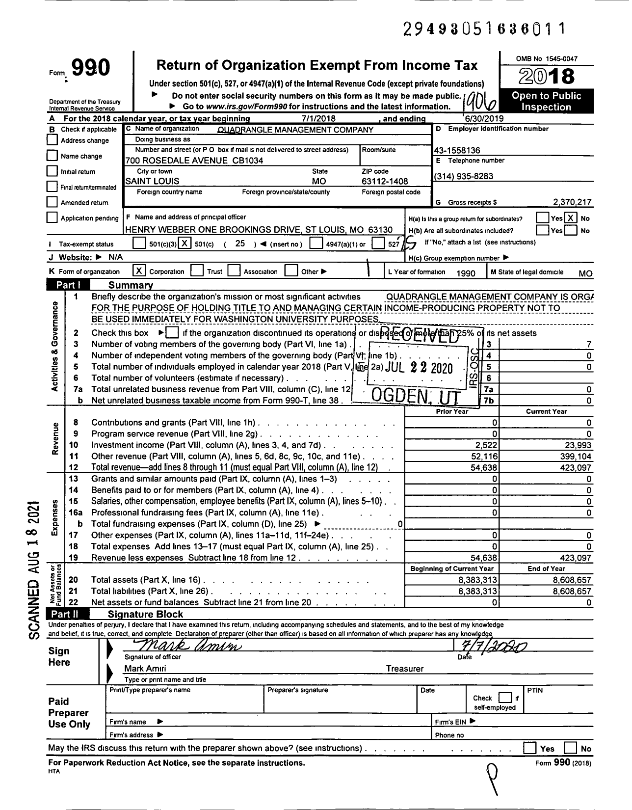 Image of first page of 2018 Form 990O for Quadrangle Management Company