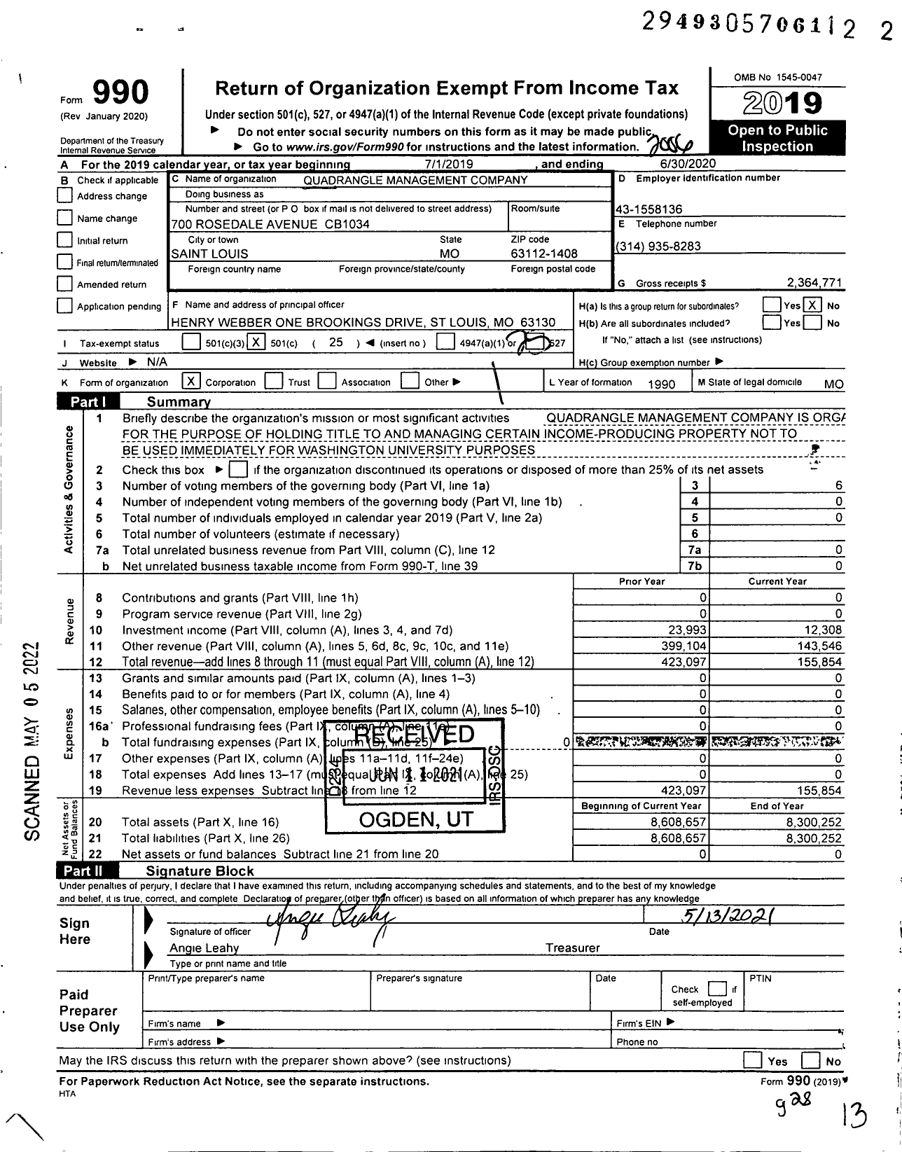 Image of first page of 2019 Form 990O for Quadrangle Management Company