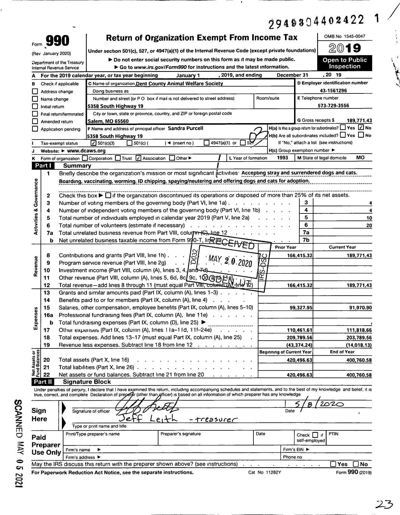 Image of first page of 2019 Form 990 for Dent County Animal Welfare Society (DCAWS)