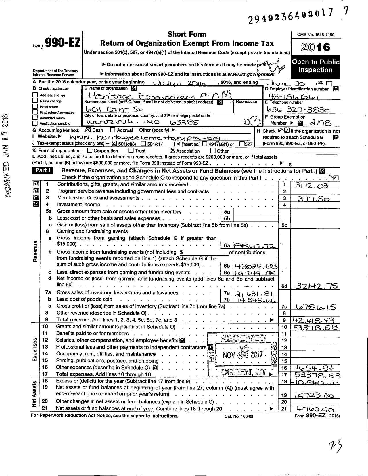 Image of first page of 2016 Form 990EZ for Heritage Elementary PTA