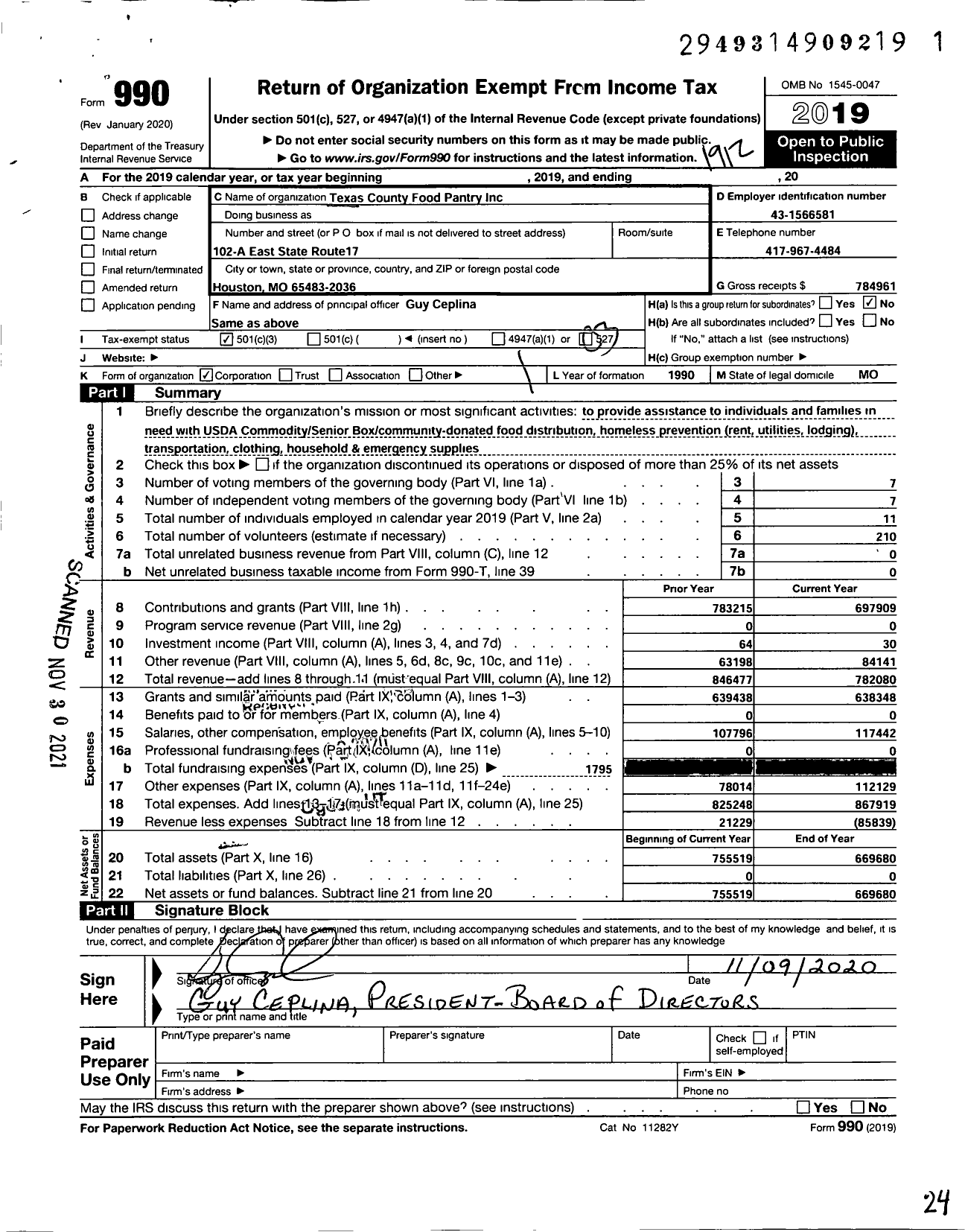 Image of first page of 2019 Form 990 for Texas County Food Pantry