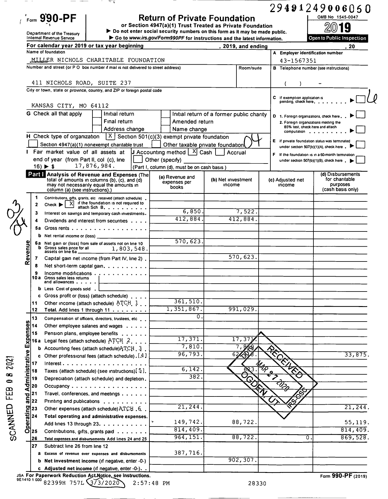 Image of first page of 2019 Form 990PF for Miller Nichols Charitable Foundation