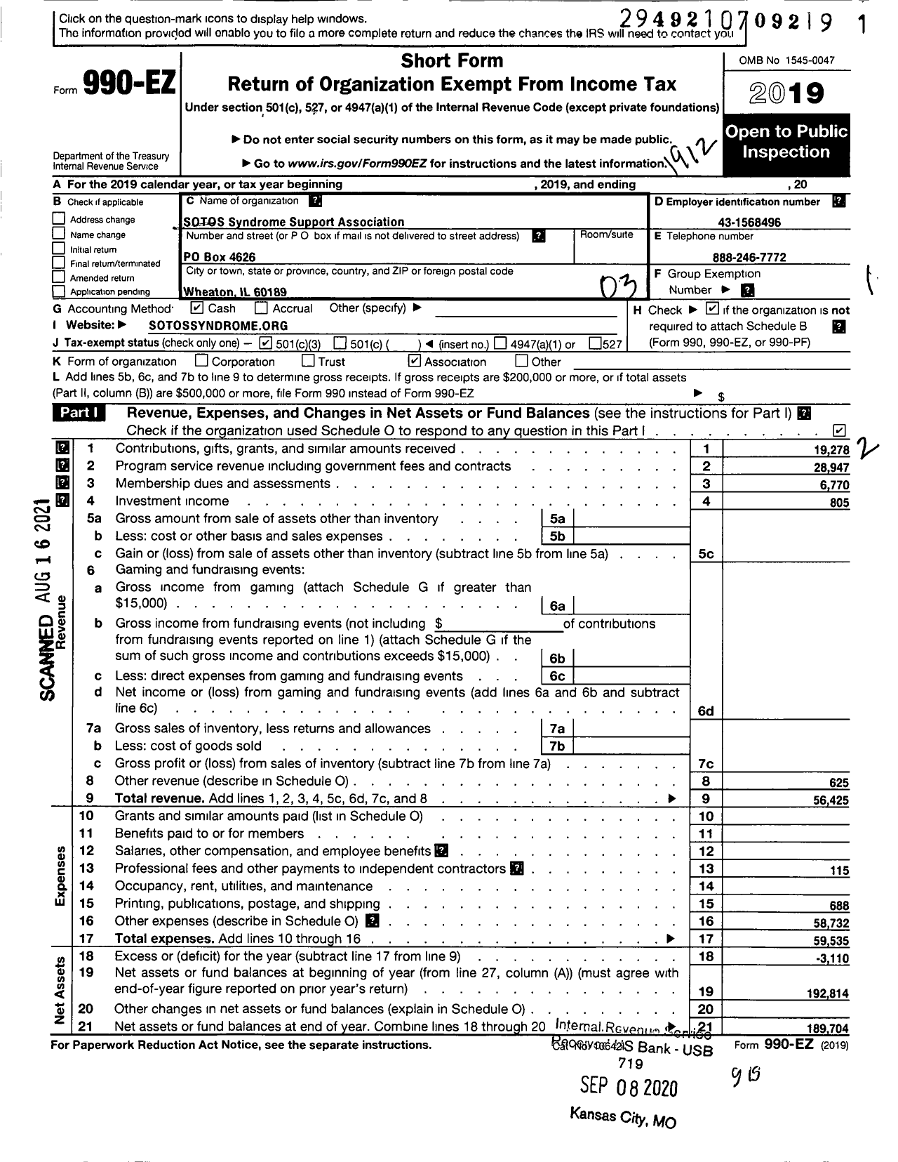 Image of first page of 2019 Form 990EZ for Sotos Syndrome Support Association