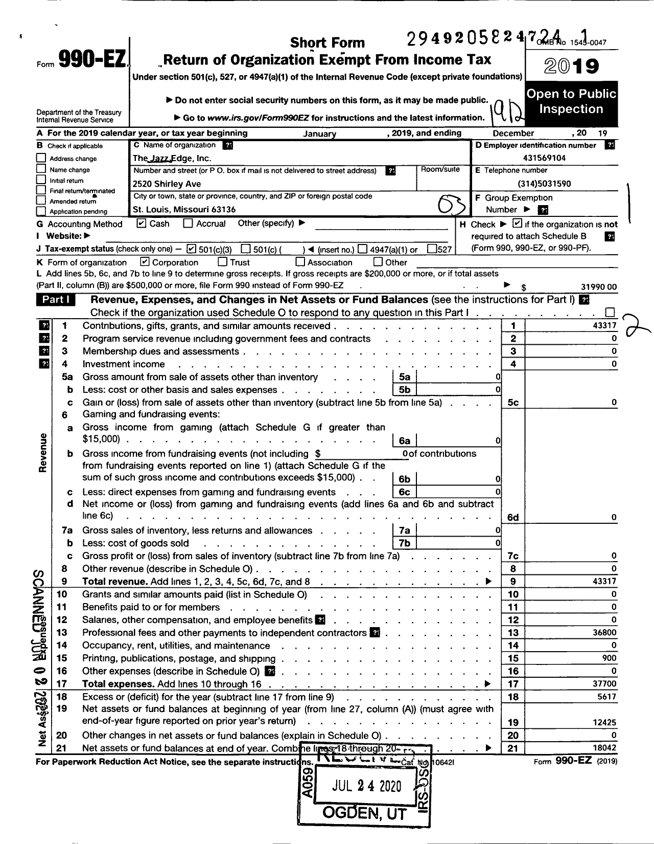 Image of first page of 2019 Form 990EZ for Jazz Edge