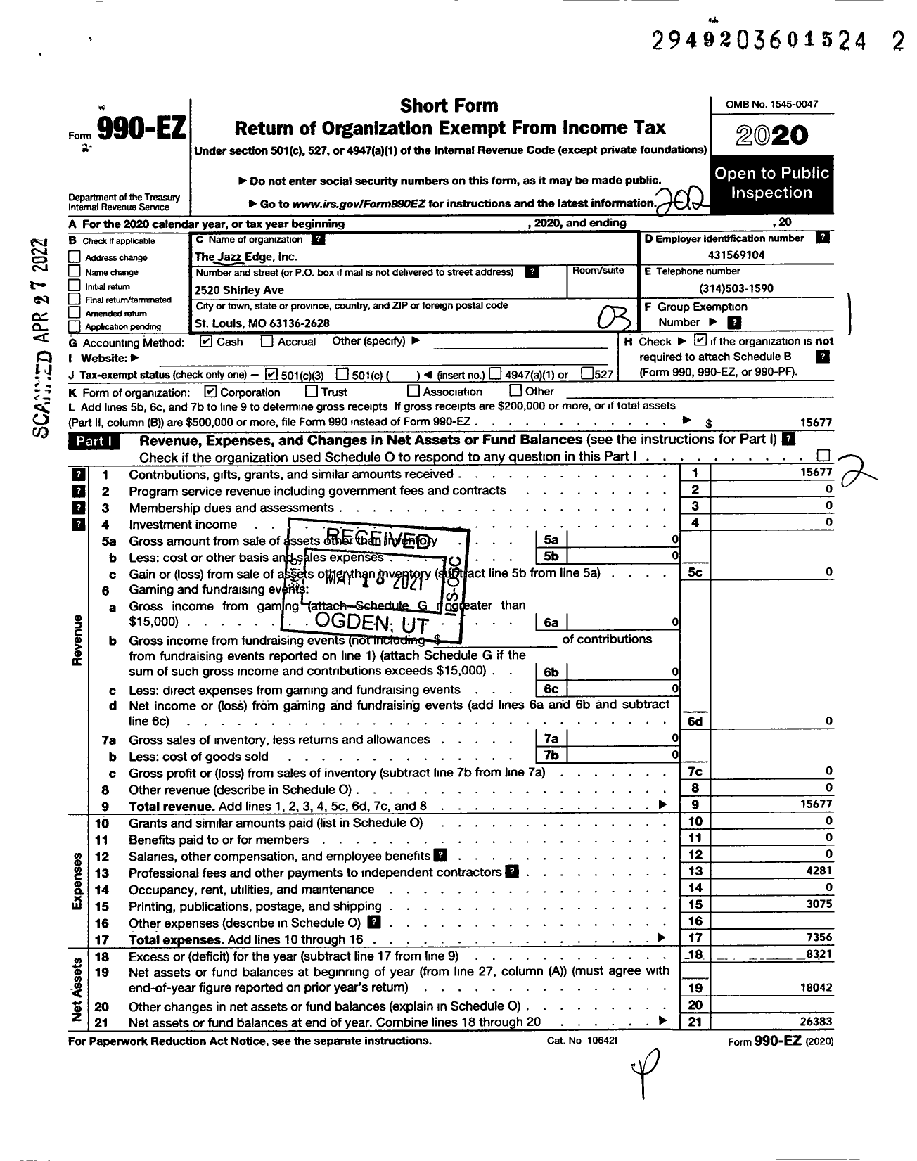 Image of first page of 2020 Form 990EZ for Jazz Edge