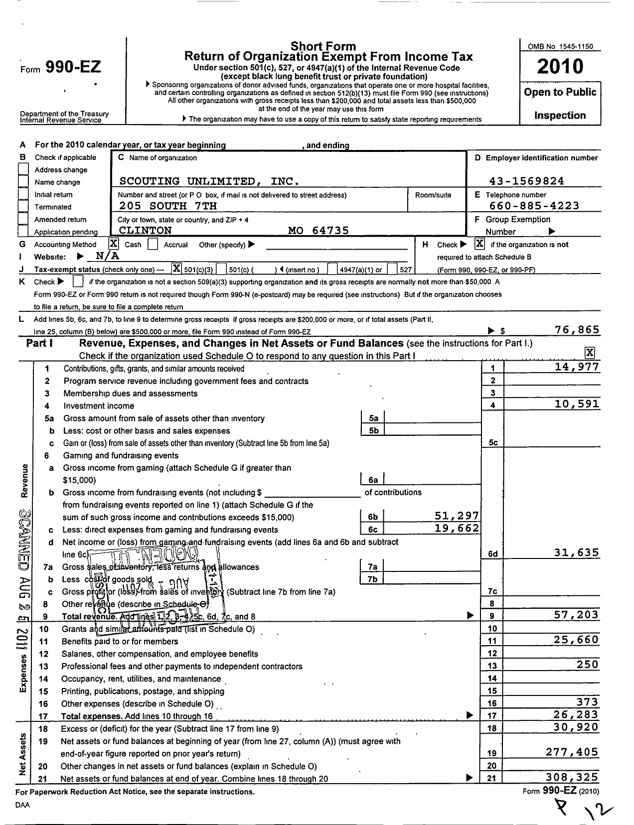 Image of first page of 2010 Form 990EZ for Scouting Unlimited