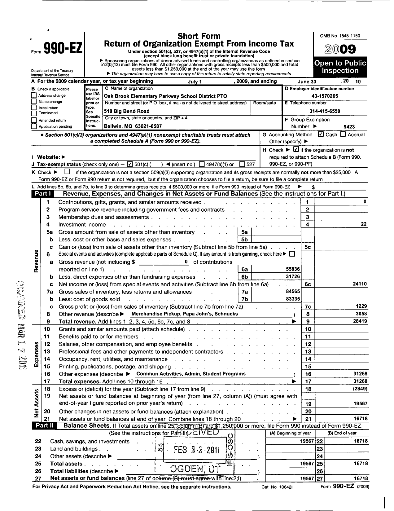 Image of first page of 2009 Form 990EO for Parkway School District Parent Teachers Organization Council / Oakbrook Elementary School