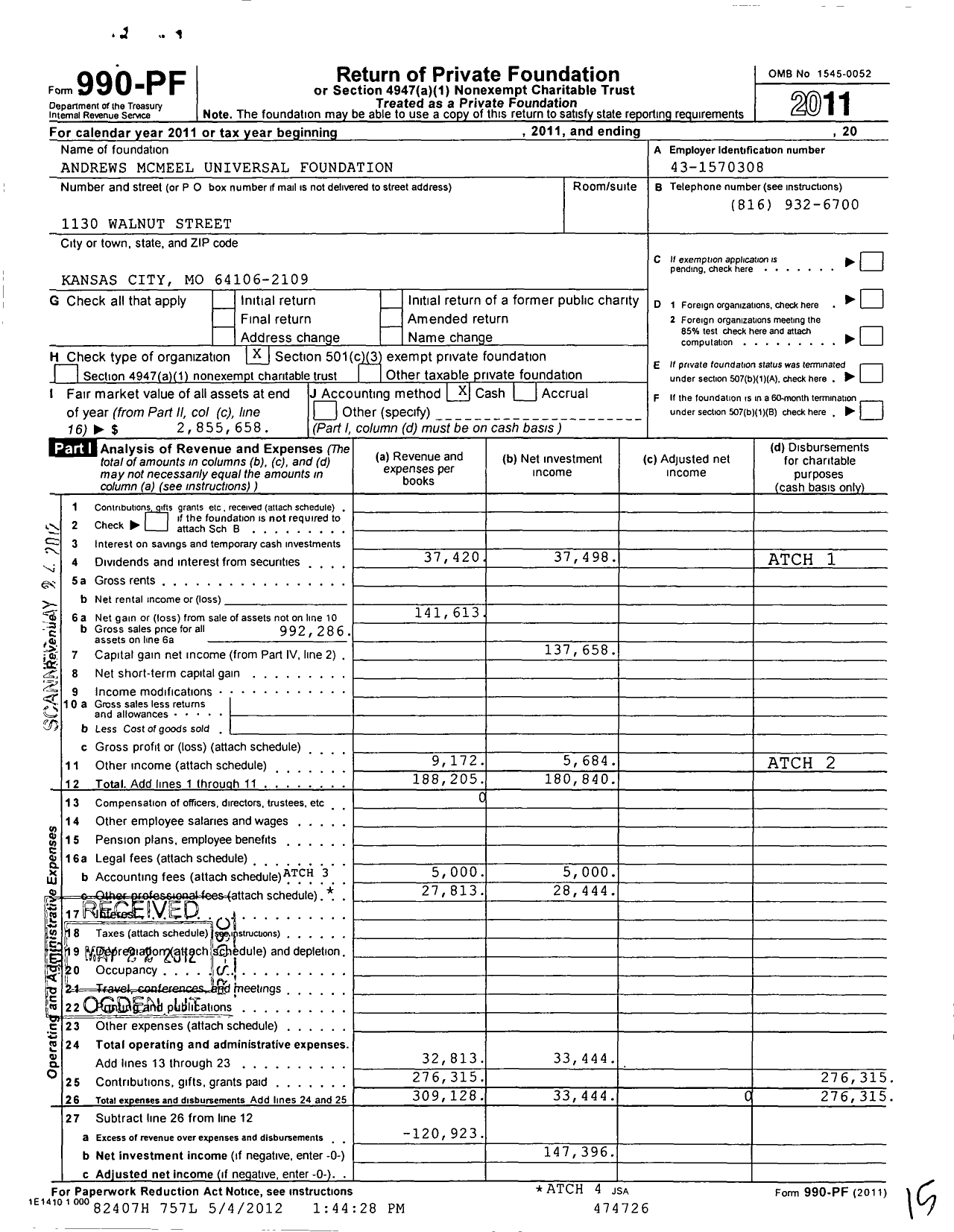 Image of first page of 2011 Form 990PF for Andrews Mcmeel Universal Foundation