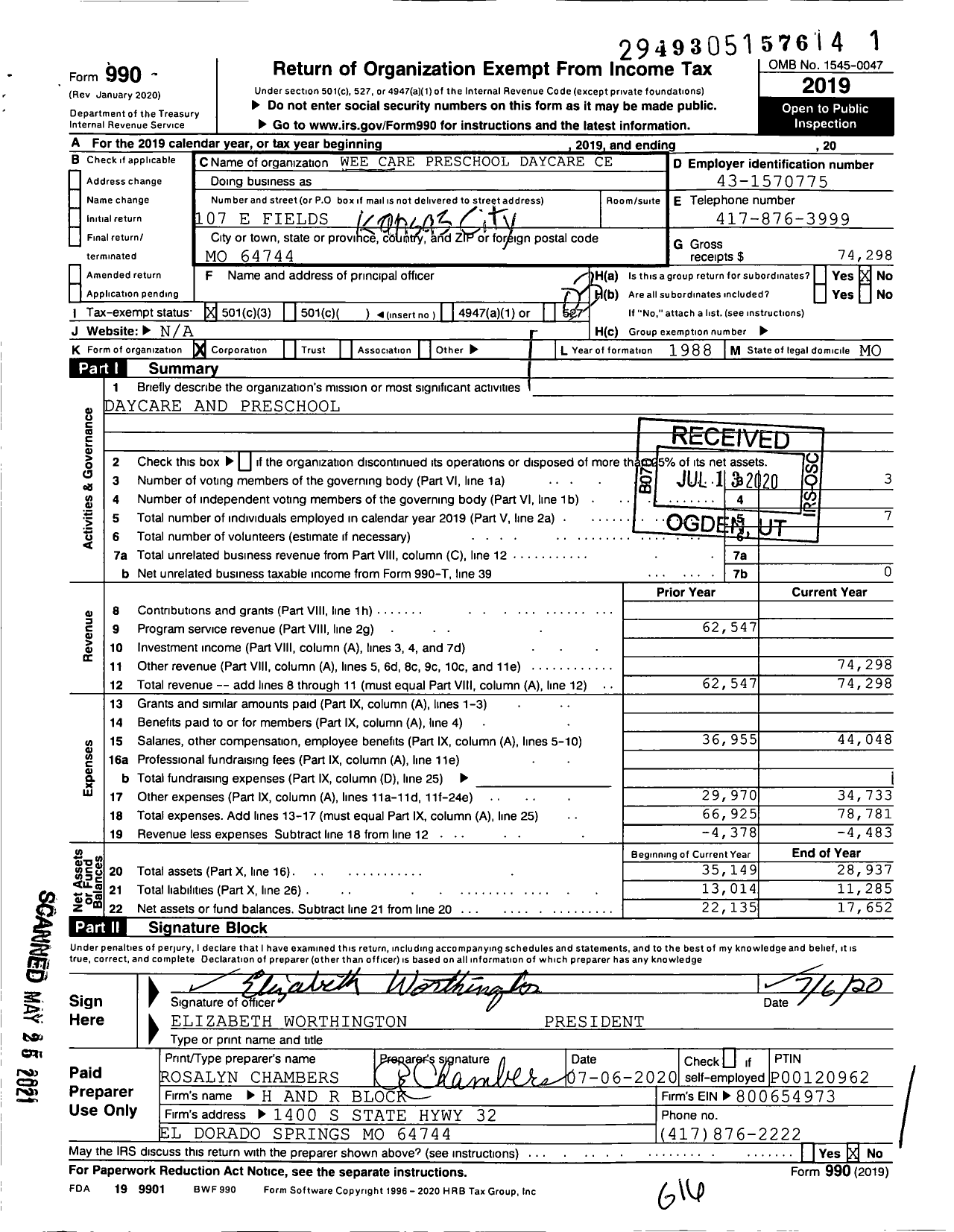 Image of first page of 2019 Form 990 for Weecare Preschool Daycare