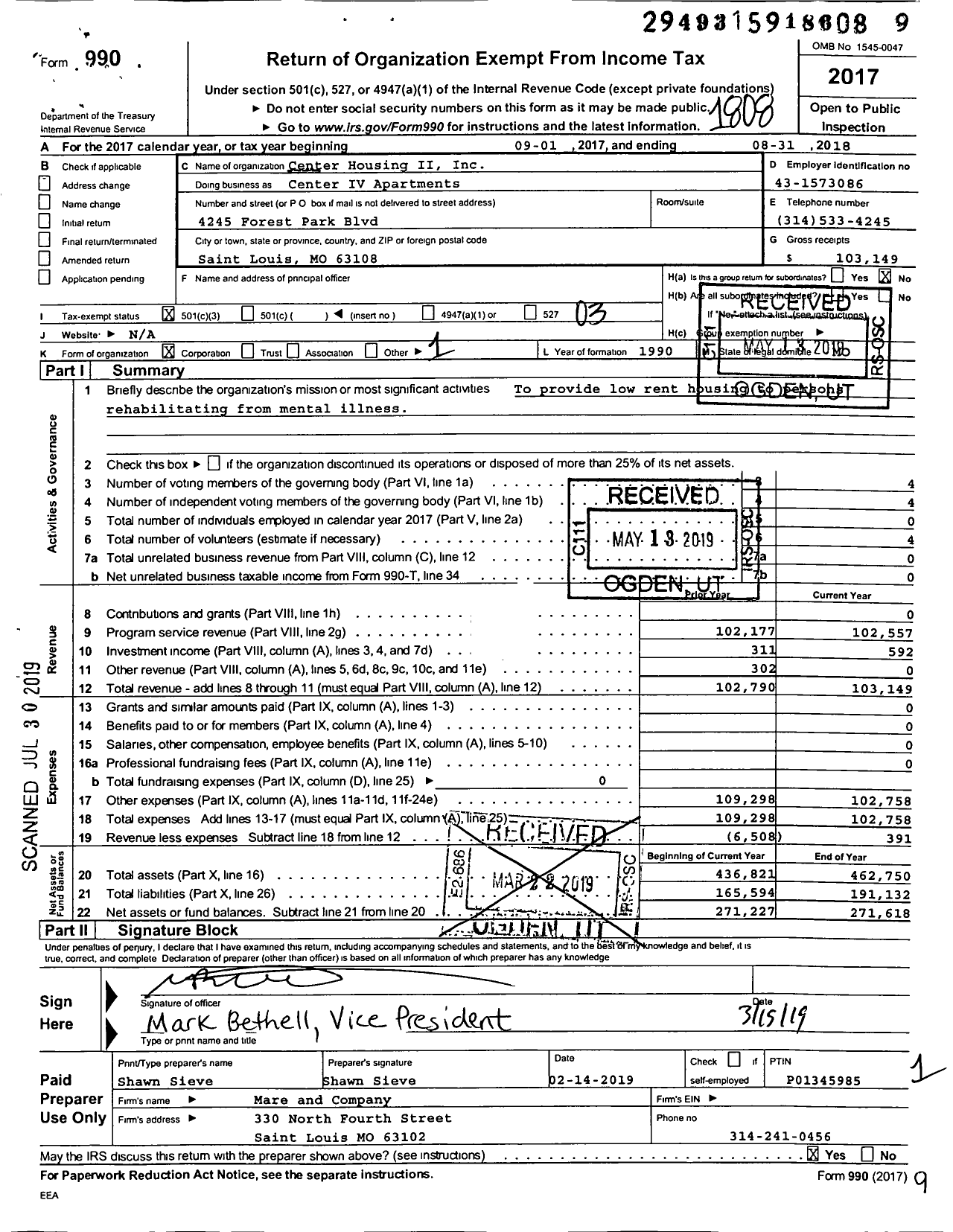 Image of first page of 2017 Form 990 for Center Housing Ii Center Iv Apartments