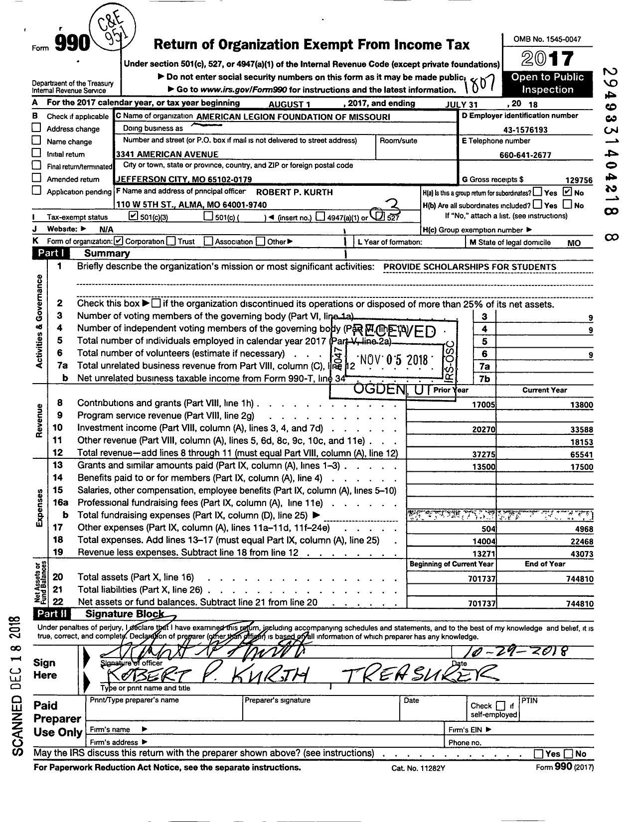 Image of first page of 2017 Form 990 for American Legion Foundation of Mo