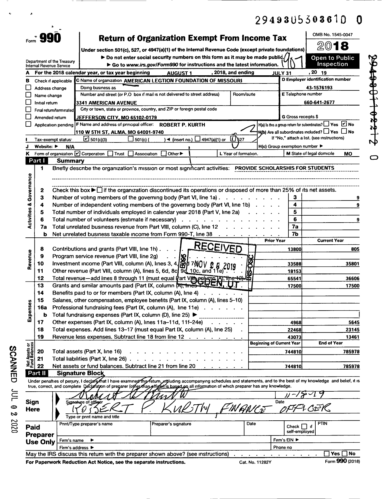 Image of first page of 2018 Form 990 for American Legion Foundation of Mo