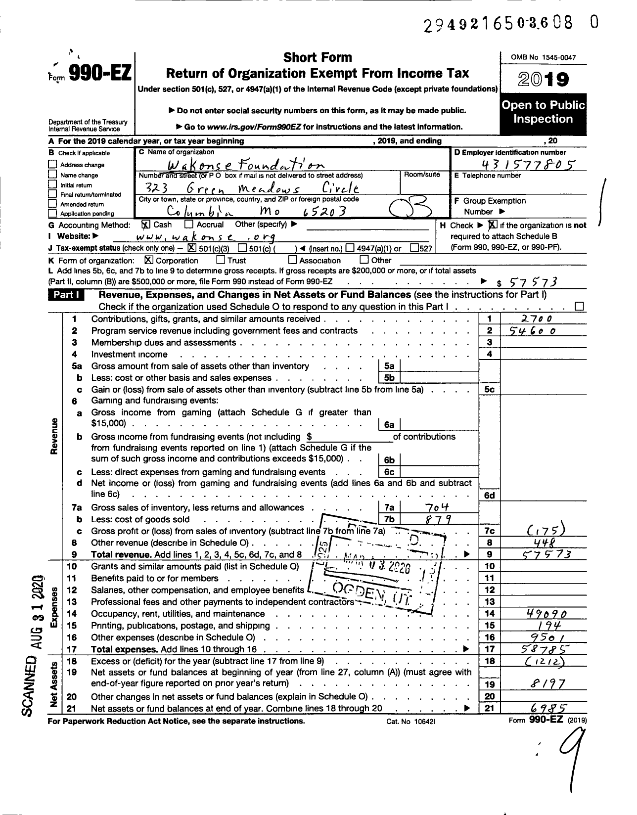 Image of first page of 2019 Form 990EZ for Wakonse Foundation