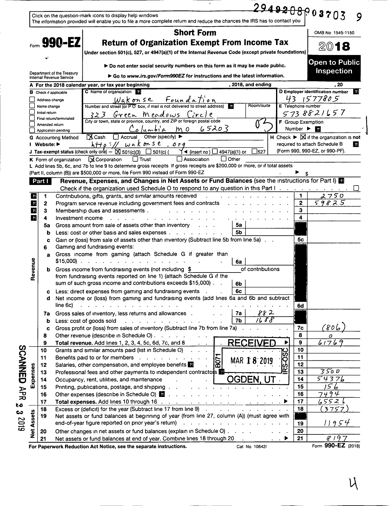 Image of first page of 2018 Form 990EZ for Wakonse Foundation