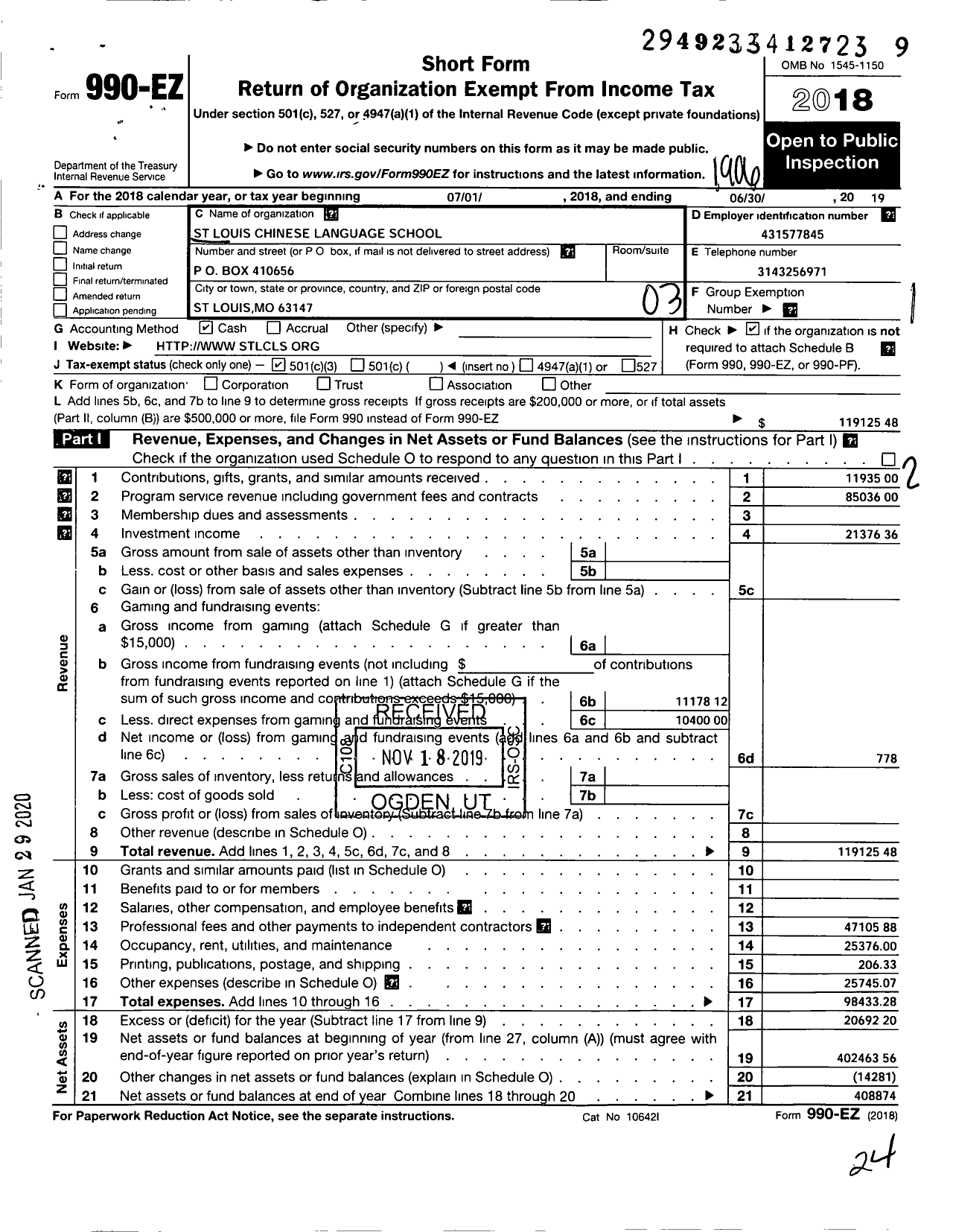 Image of first page of 2018 Form 990EZ for St Louis Chinese Language School