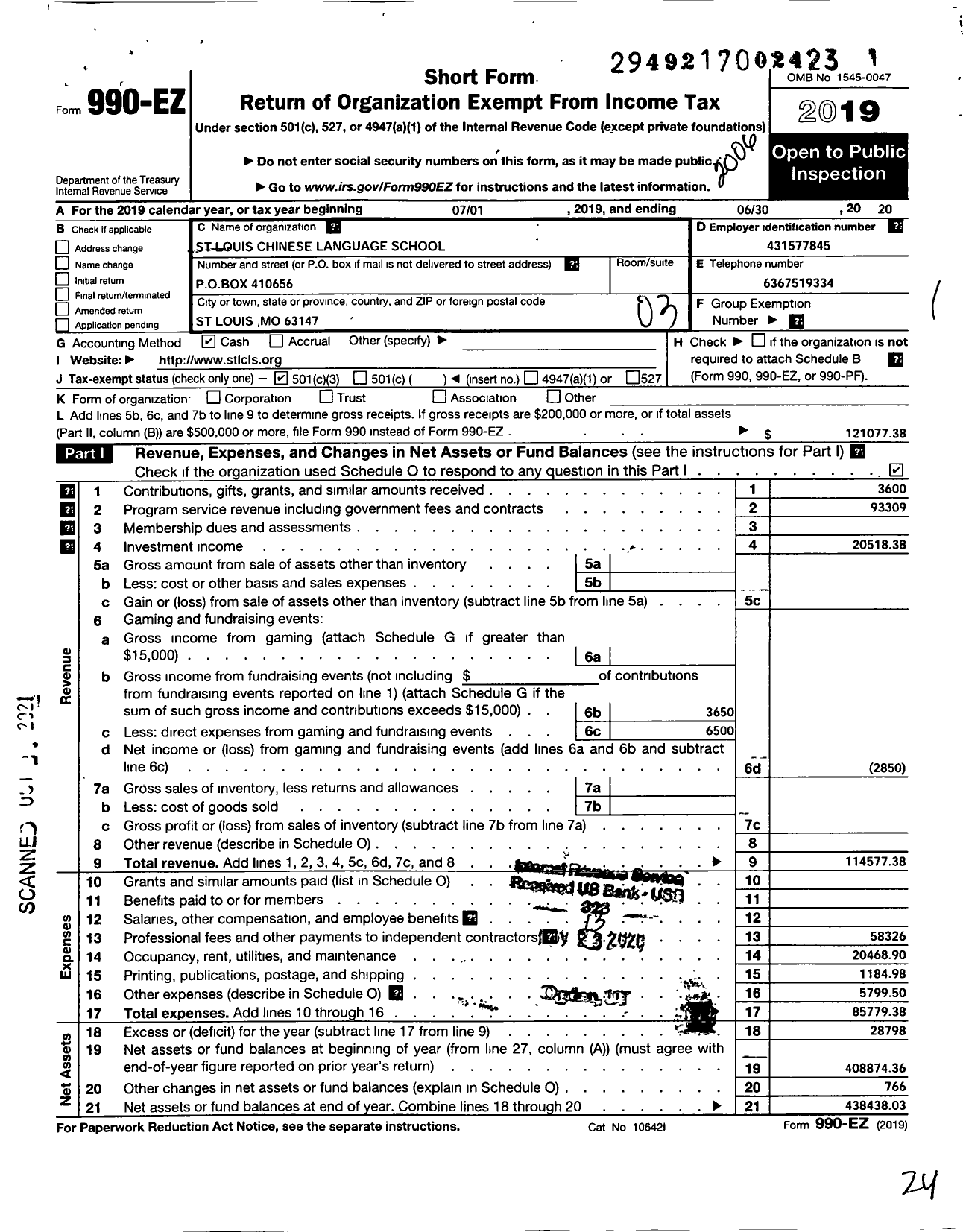 Image of first page of 2019 Form 990EZ for St Louis Chinese Language School