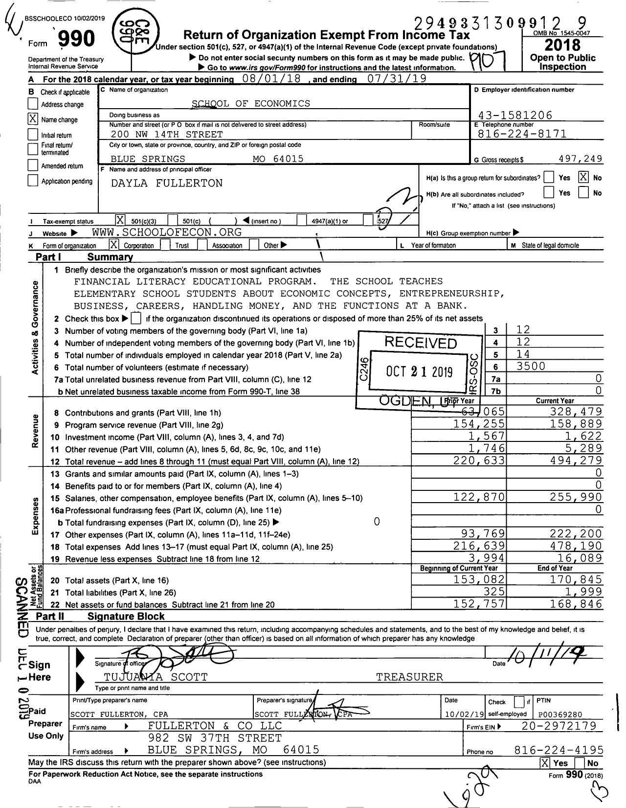 Image of first page of 2018 Form 990 for School of Economics