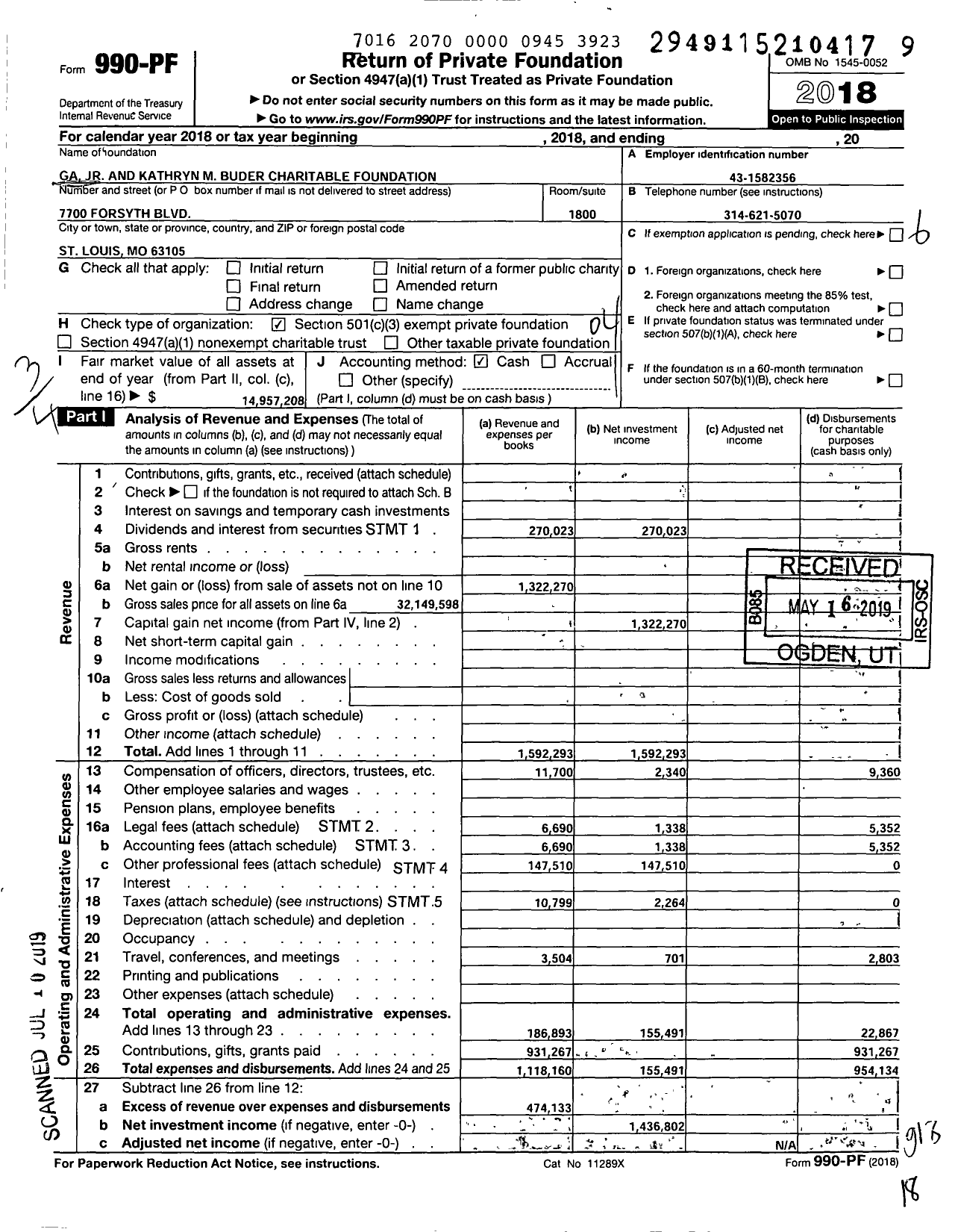 Image of first page of 2018 Form 990PF for GA Jr and Kathryn M Buder Charitable Foundation