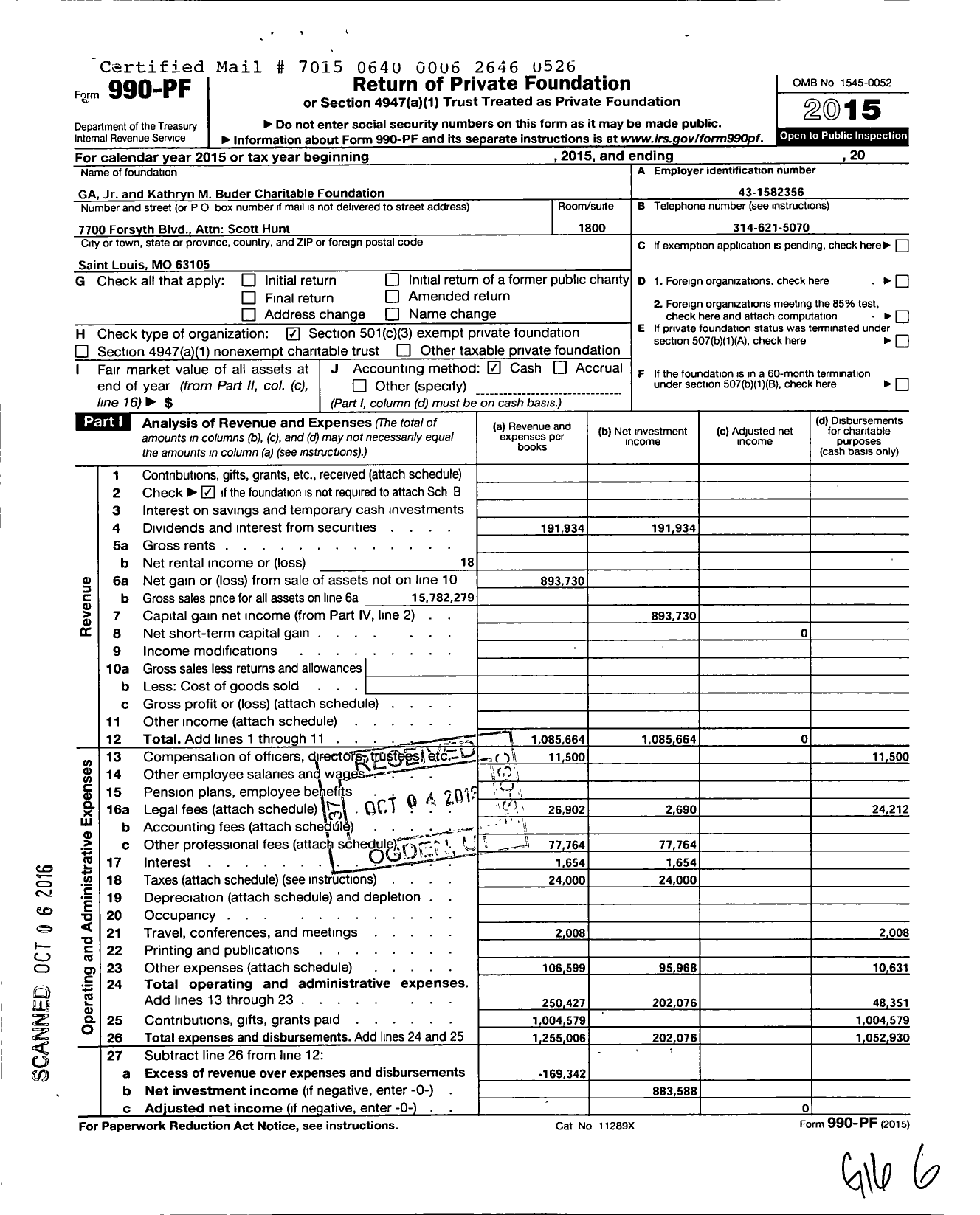 Image of first page of 2015 Form 990PF for GA Jr and Kathryn M Buder Charitable Foundation