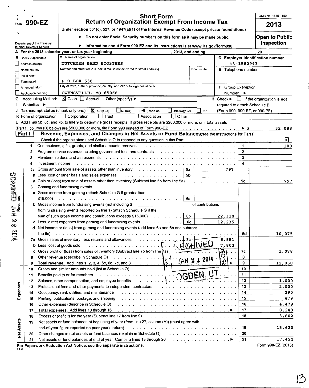 Image of first page of 2013 Form 990EZ for Dutchmen Band Boosters