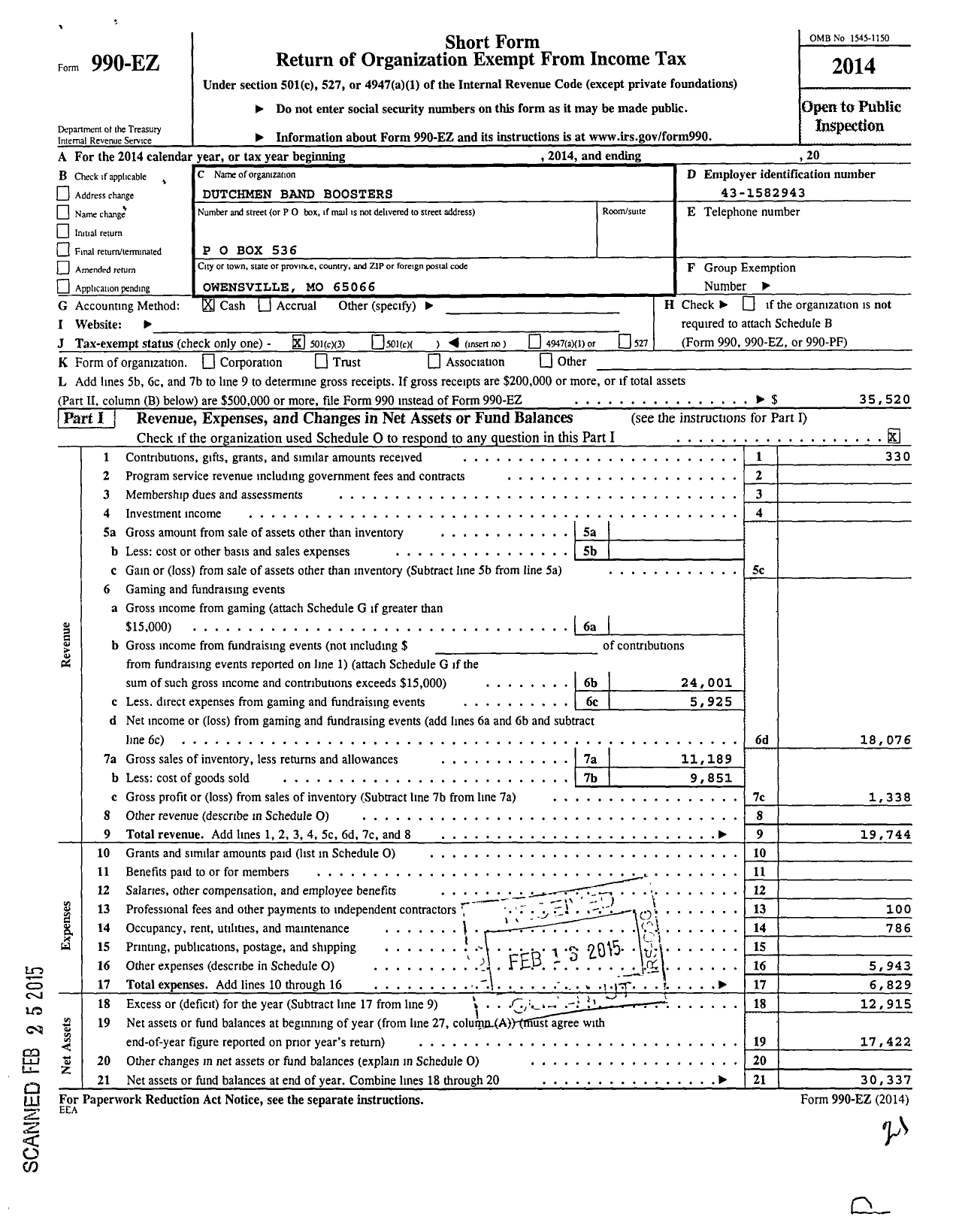 Image of first page of 2014 Form 990EZ for Dutchmen Band Boosters