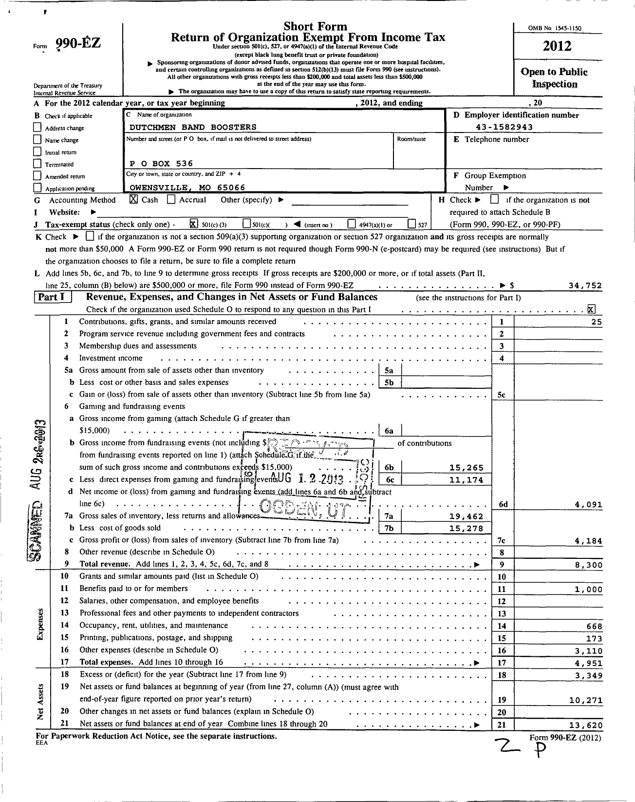 Image of first page of 2012 Form 990EZ for Dutchmen Band Boosters