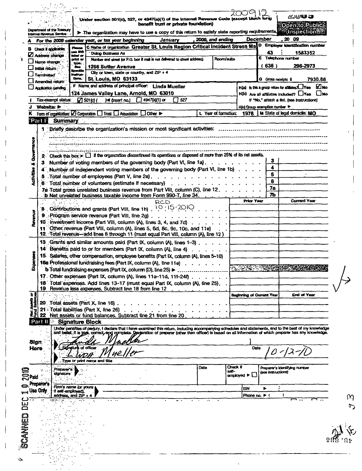 Image of first page of 2009 Form 990O for Greater St Louis Region Critical Incident Stress Management
