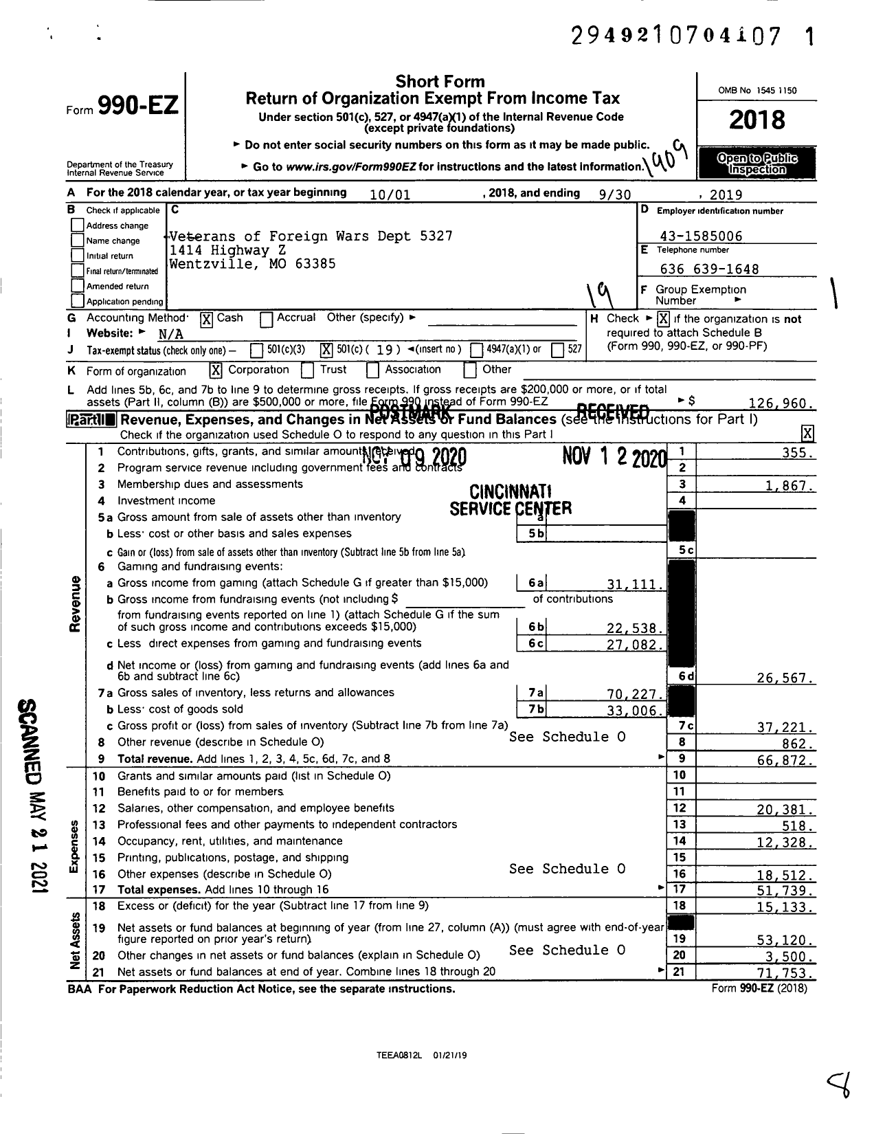 Image of first page of 2018 Form 990EO for Veterans of Foreign Wars Dept 5327