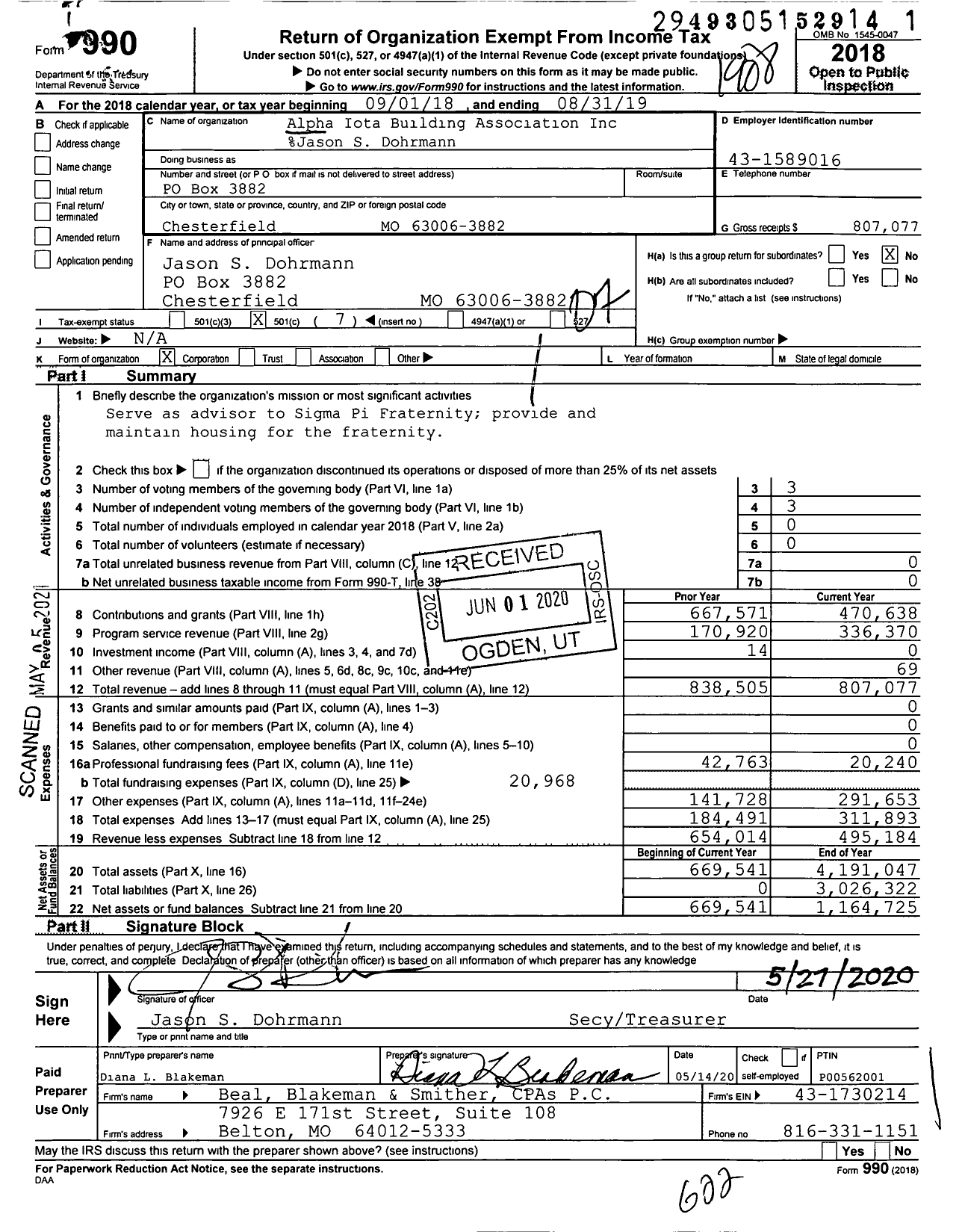 Image of first page of 2018 Form 990O for Alpha Iota Building Association