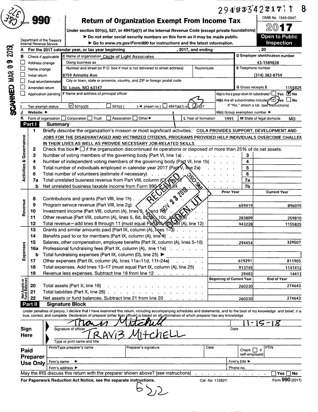 Image of first page of 2017 Form 990 for Circle of Light Associates