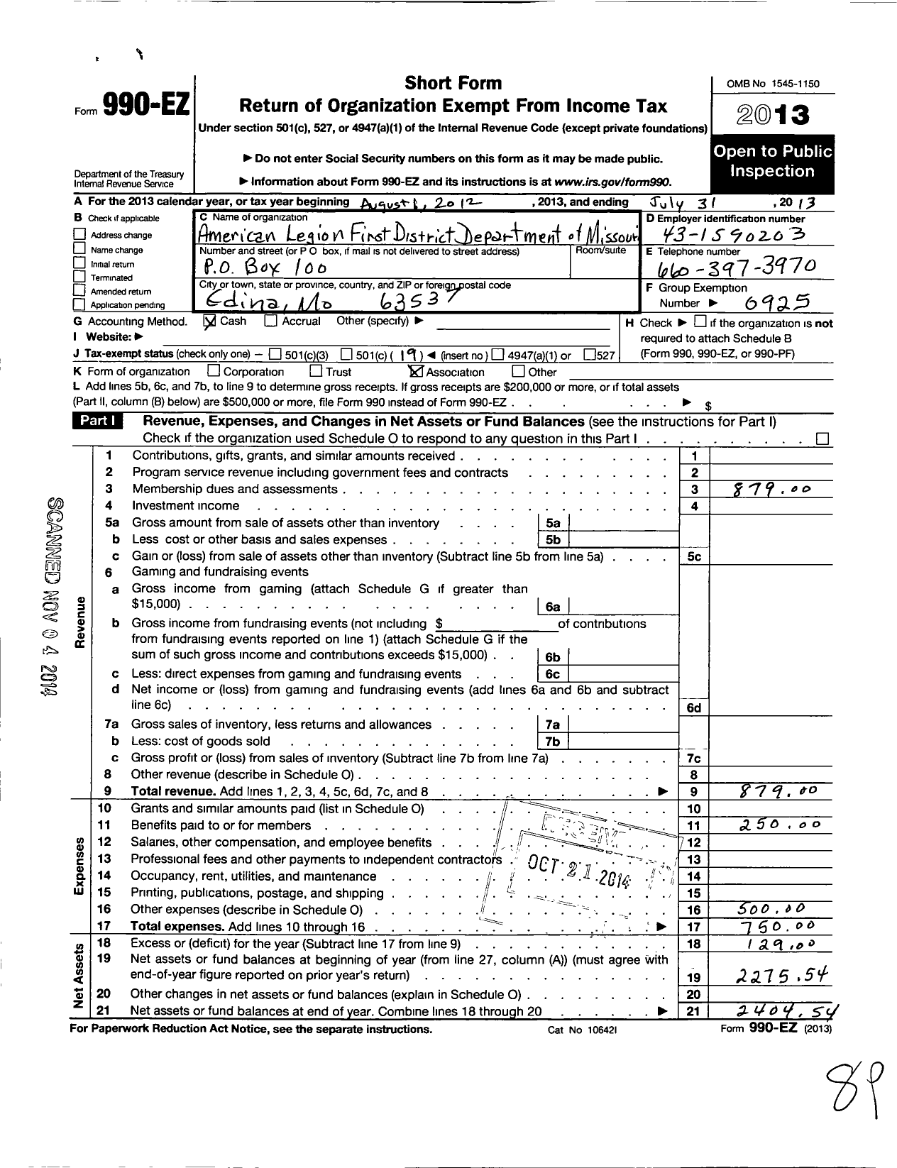 Image of first page of 2012 Form 990EO for American Legion First District Depa Rtment of Missouri