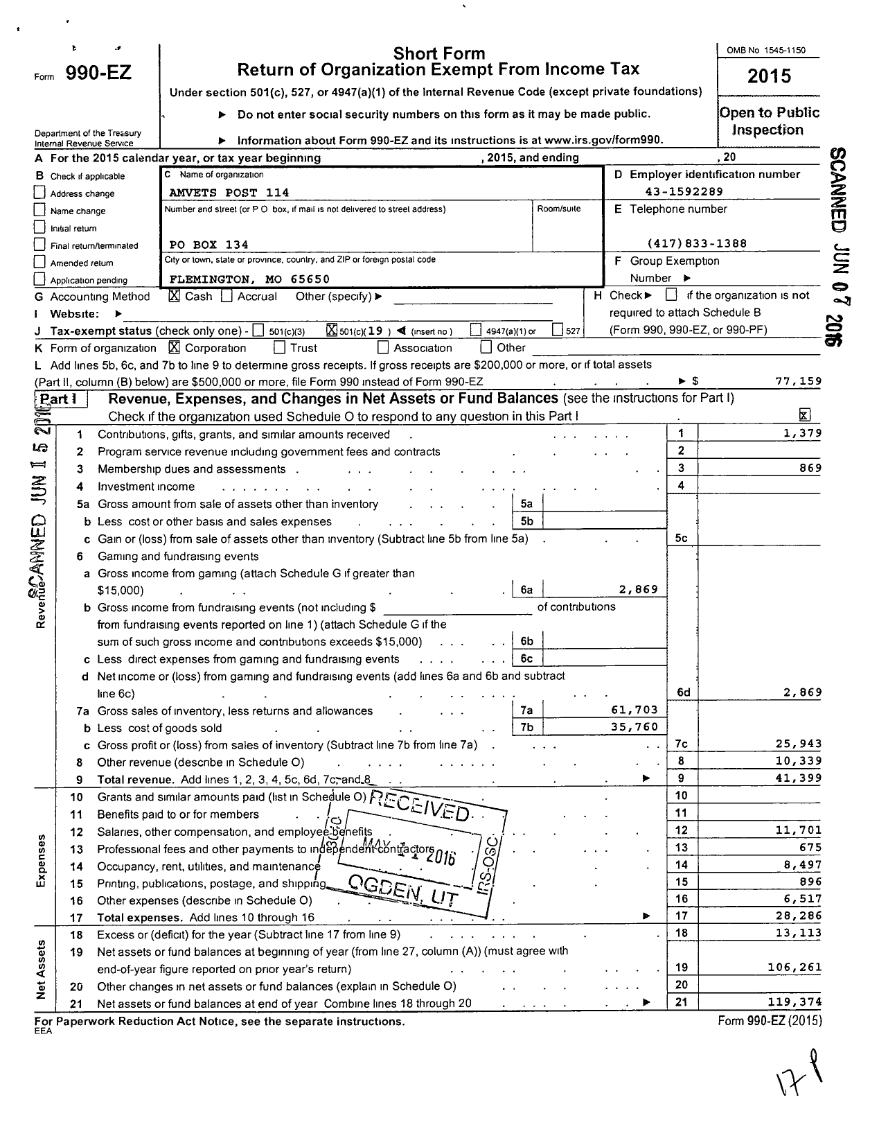 Image of first page of 2015 Form 990EO for Amvets - 114