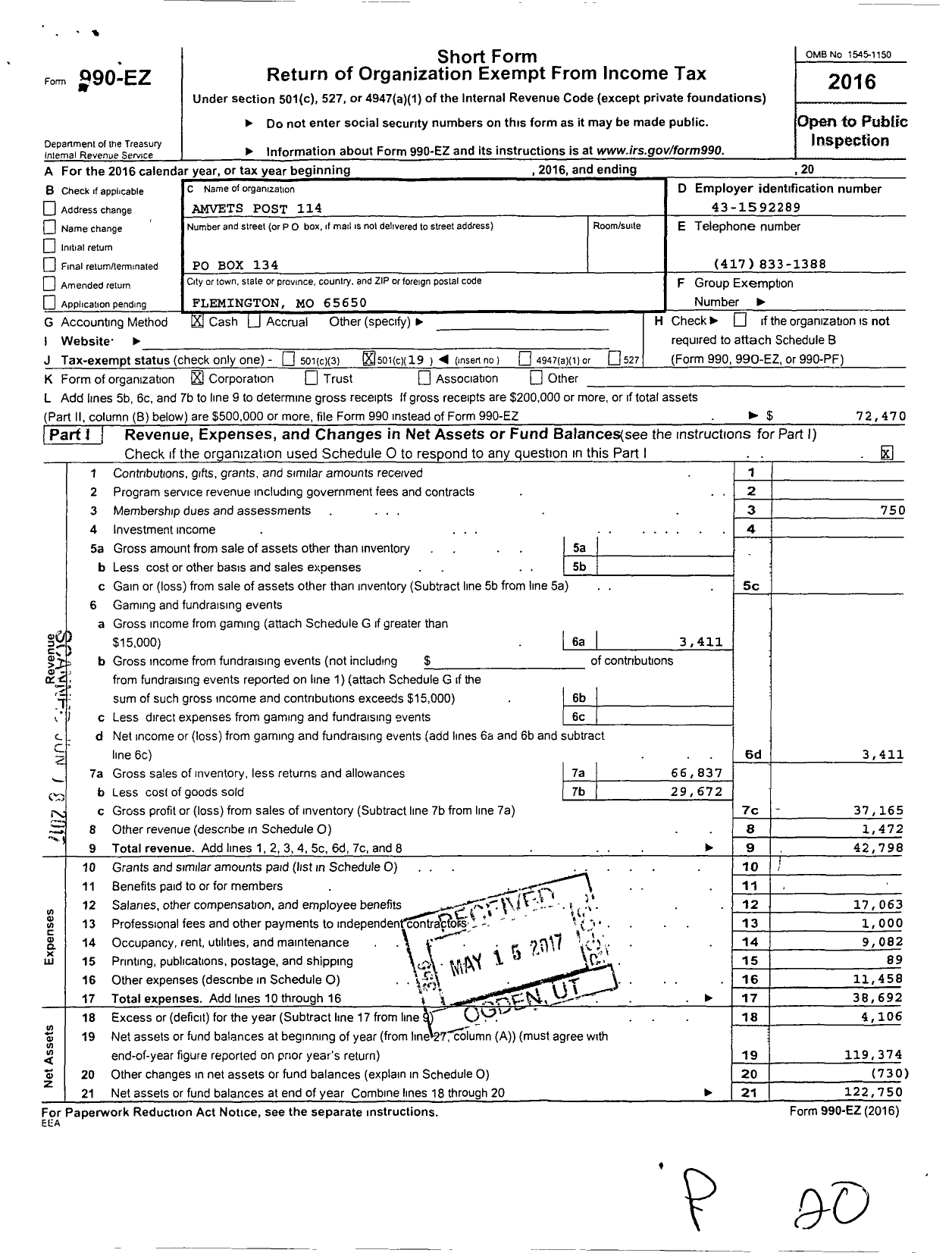 Image of first page of 2016 Form 990EO for Amvets - 114