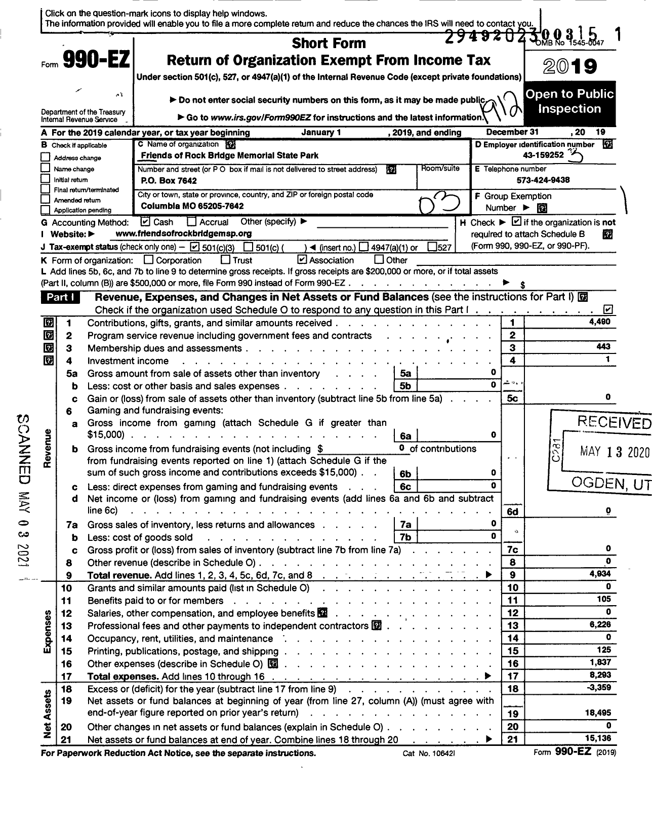 Image of first page of 2019 Form 990EZ for Friends of Rock Bridge Memmorial State Park