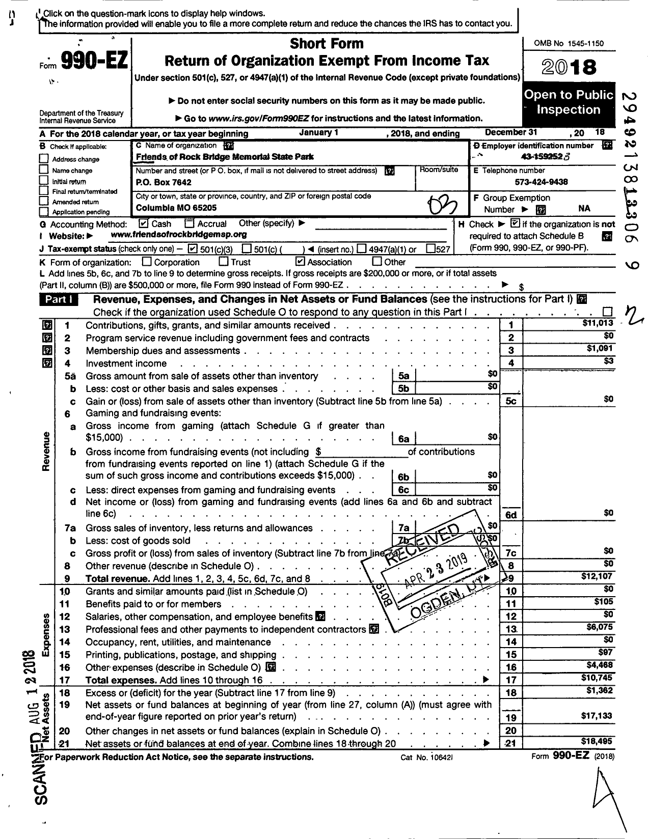 Image of first page of 2018 Form 990EZ for Friends of Rock Bridge Memmorial State Park