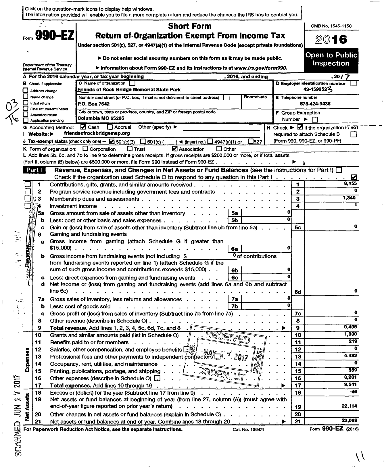 Image of first page of 2017 Form 990EZ for Friends of Rock Bridge Memmorial State Park